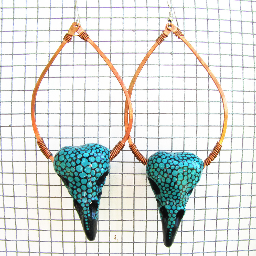 Large raven  skull hoop earrings